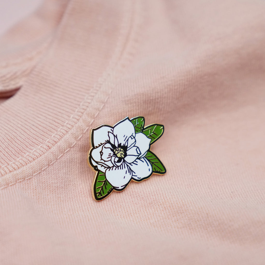 thumbnail image 2 of Pink Magnolia Flower Enamel Lapel Pin - 1.125 Inch Gold Plated Metal Brooch With Hard Enamel 2 of 11