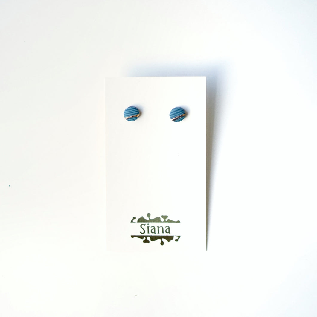Striped Blue Round Porcelain Stud Earrings with Luster Stripe