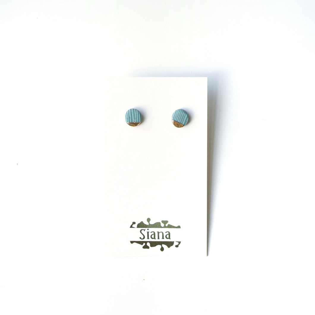 Striped Light Blue Round Porcelain Stud Earrings with Luster Dip