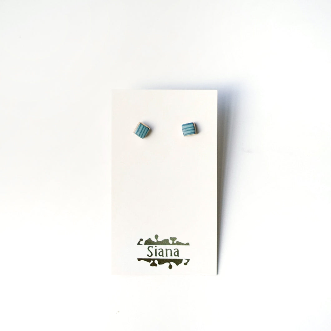 Striped Light Blue Square Porcelain Stud Earrings with Luster