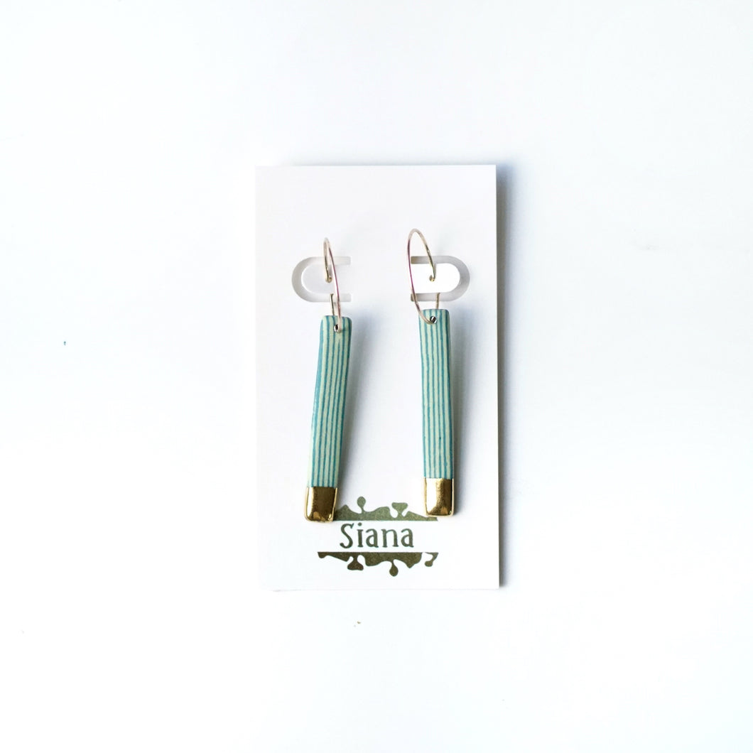 Striped Blue and yellow Long Bar Porcelain Earrings with Luster Dip