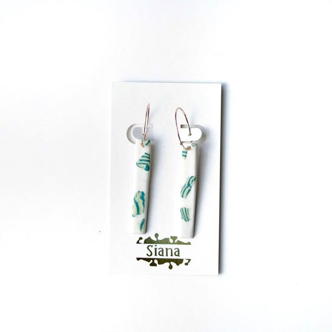 Blue and Yellow Fleck Long Bar Porcelain Earrings