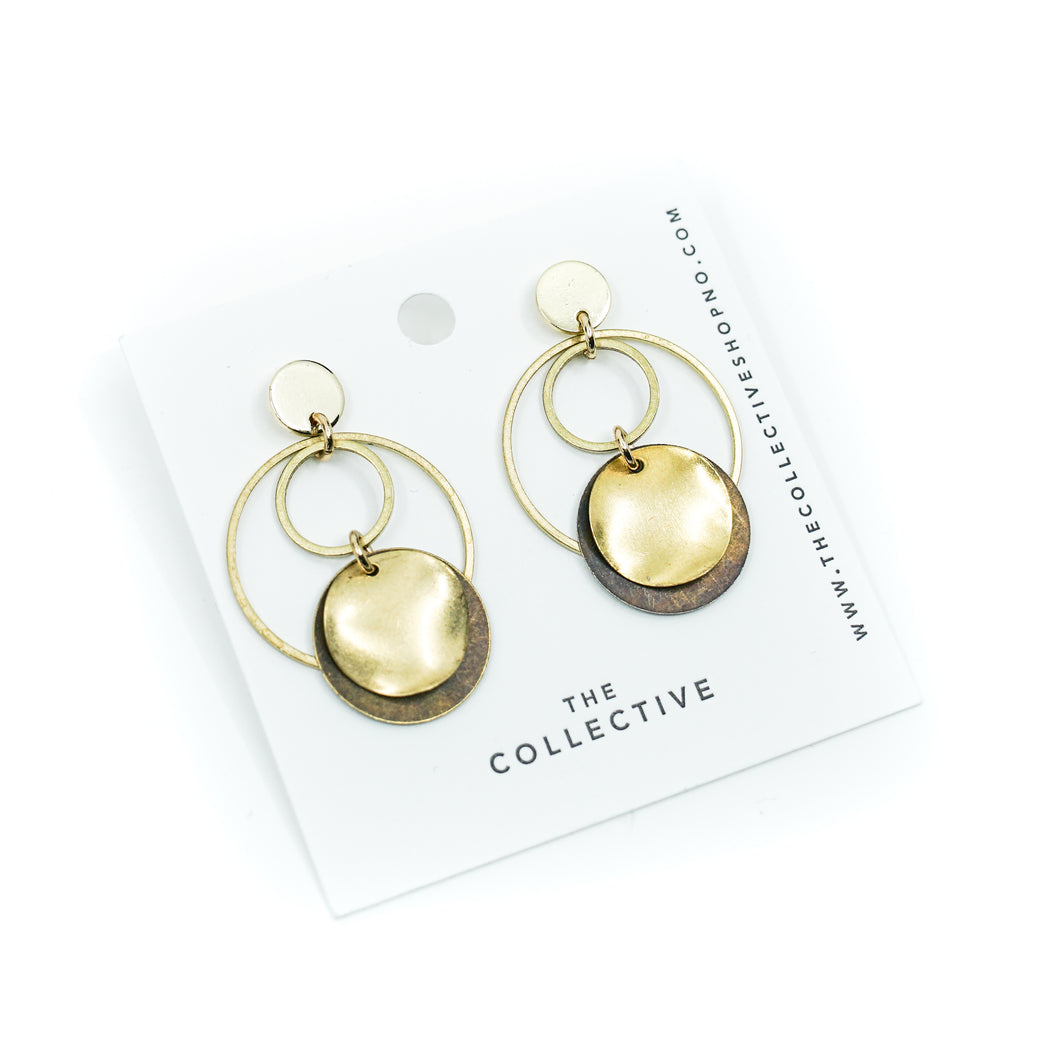 Alex Circular Gold Plated, Antique and Raw Brass Dangle Earrings