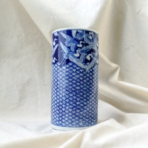 Vintage Blue and White Elan Takahashi Crane Cylinder Vase