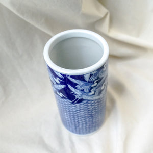 Vintage Blue and White Elan Takahashi Crane Cylinder Vase