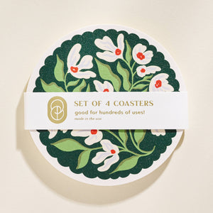 Green and Lavender Floral Scalloped Coasters - Set of Four