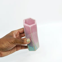 Medium Hexagon Tube Vase 055 - Pink, Aqua, and Cream Glaze