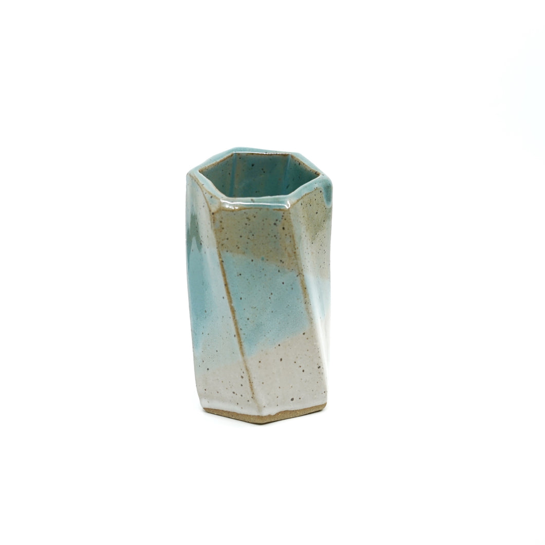 Short Hexagon Tube Vase 057 - Amber, Blue and White Glaze