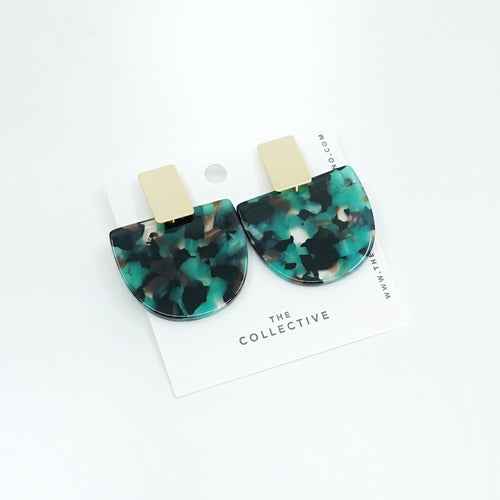 Iris Groovy Teal Resin w/Wide Matte Gold Bar Studs Earrings