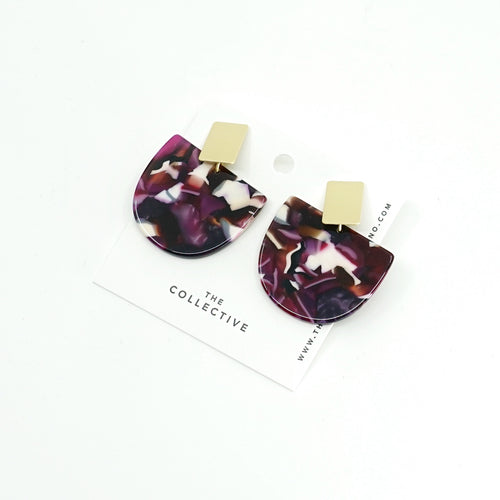 Iris Retro Purple Resin w/Wide Matte Gold Bar Studs Earrings