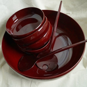 Japanese Burgundy Lacquerware Serving Dish and Bowls