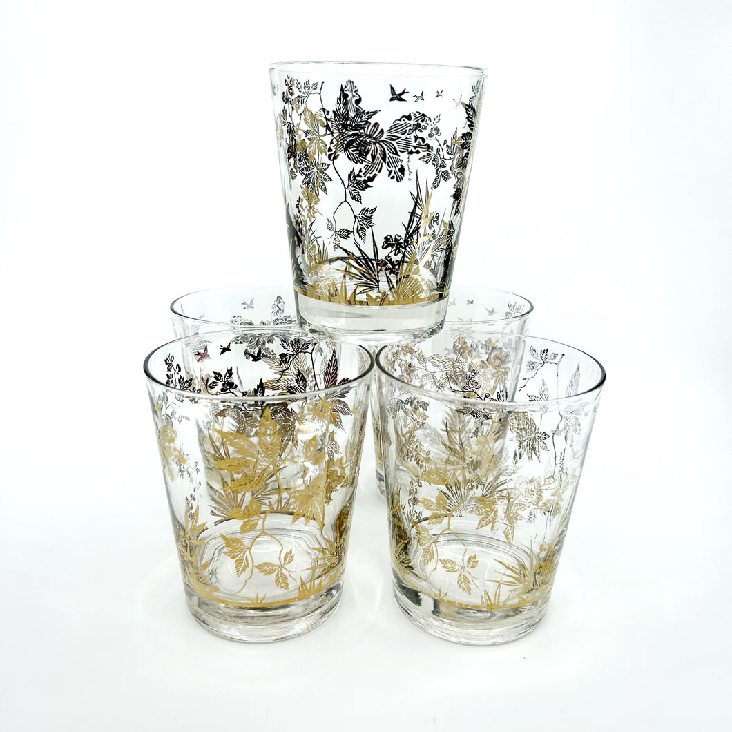 Set of 5 - Vintage Gold Foil Leaf Glassware