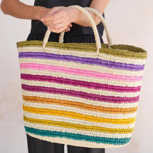 Rainbow Handwoven Color Strips Raffia Beach Tote