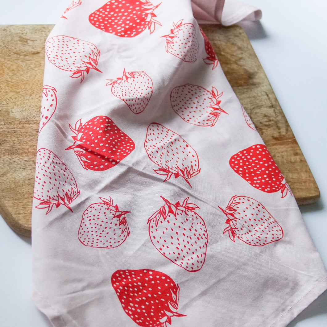White Linen Kitchen Towels With Strawberries