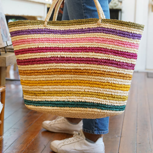 Rainbow Handwoven Color Strips Raffia Beach Tote