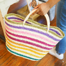 Rainbow Handwoven Color Strips Raffia Beach Tote