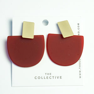 Iris Dark Red Acetate w/Wide Matte Gold Bar Studs Earrings
