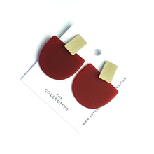 Iris Dark Red Acetate w/Wide Matte Gold Bar Studs Earrings