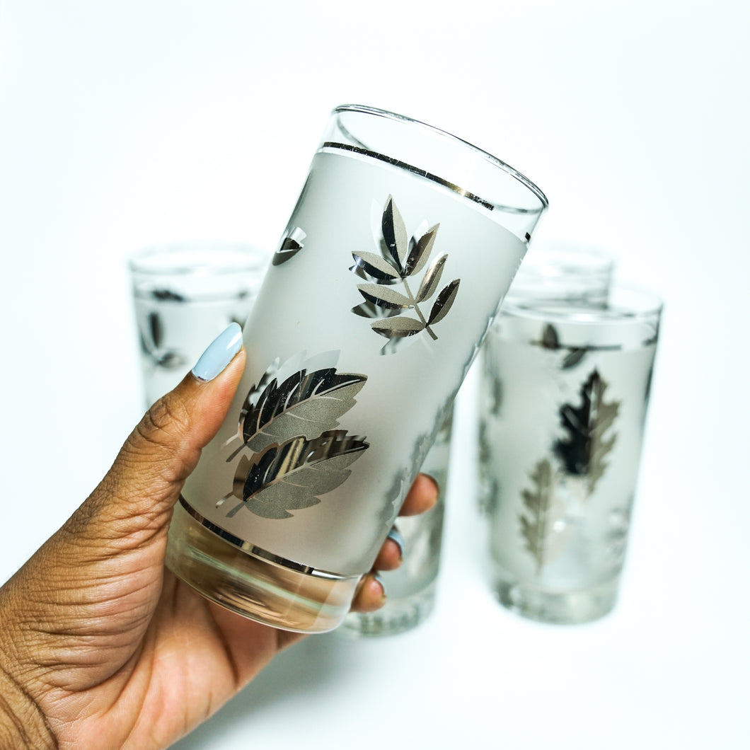 Mid-Century Libby Frosted Silver Leaf Glasses Set of 4