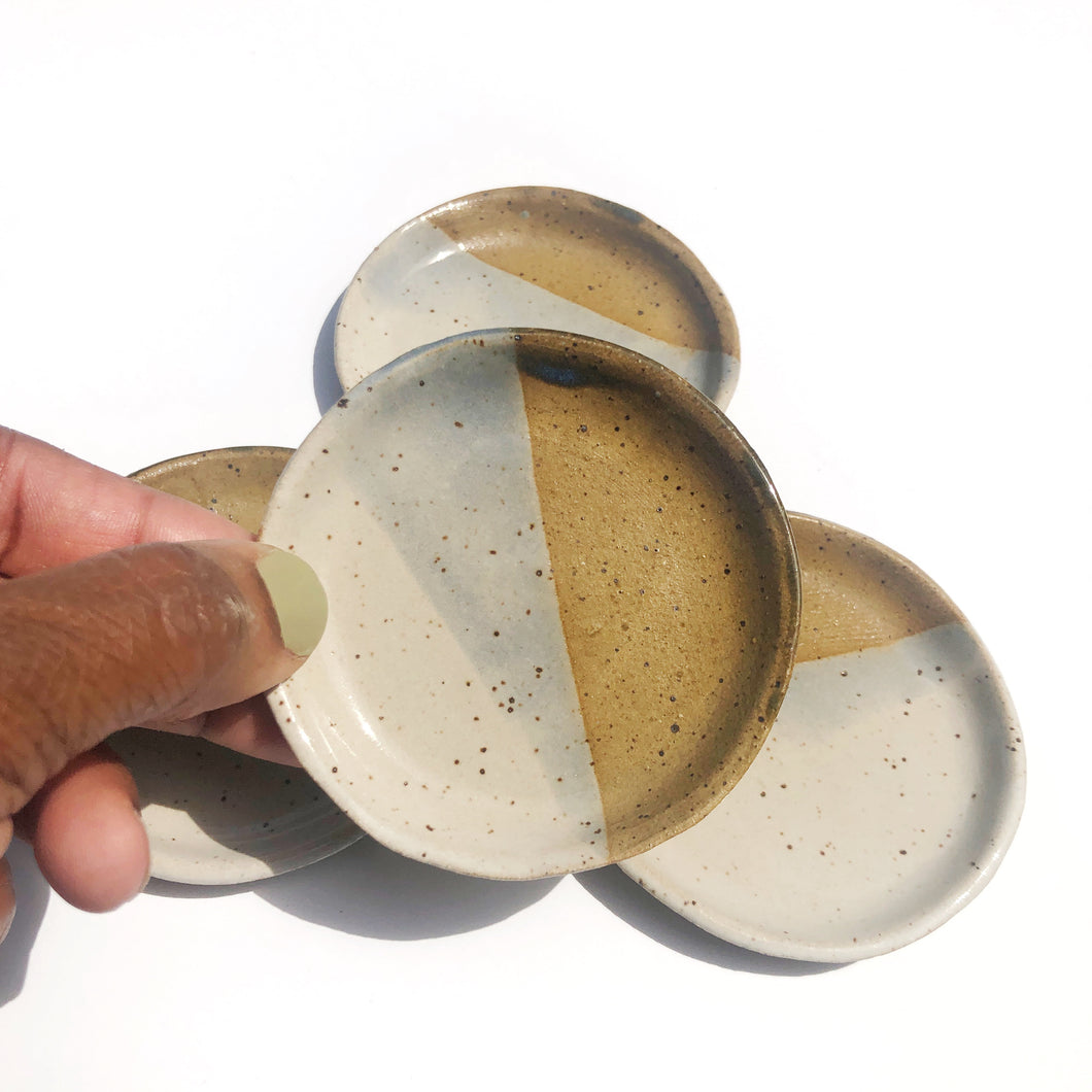 Dillard - Double Dipped Small Hand-formed Ceramic Trinket/Ring Dishes - White / Light Blue / Tan