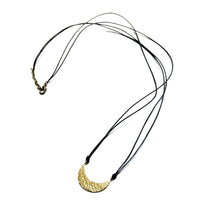 Hammered Long Crescent Raw Brass and Leather Necklace